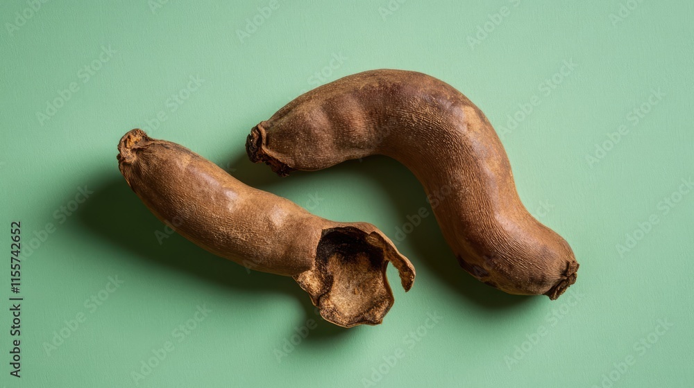 Poster dry tamarind pods displayed on a green background showcasing their unique textures and shapes in a s