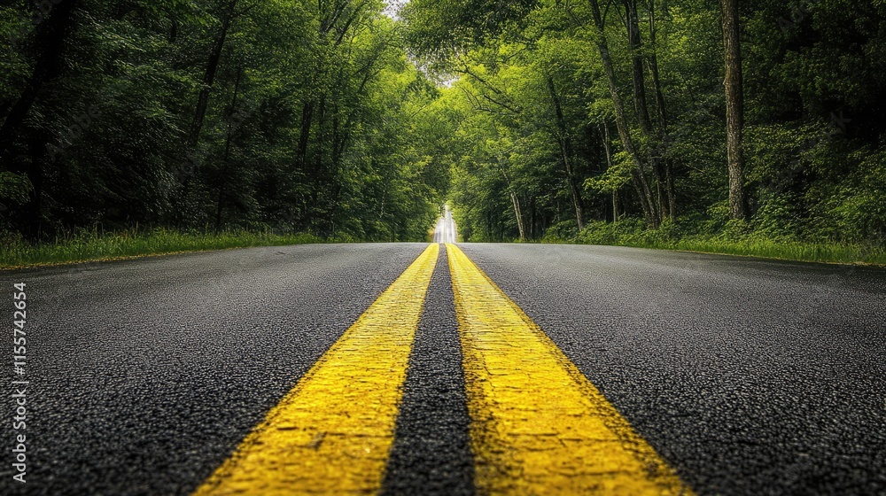 Poster serene forest road leading into lush greenery with sunlight filtering through the trees creating a p