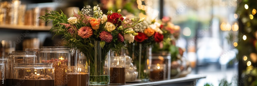 Poster stylish storefront display featuring vibrant flowers in glass vases and elegant decorative elements.