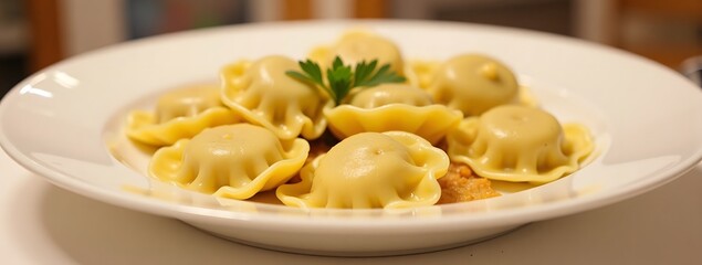 Delicious italian ravioli on a white plate with fresh parsley garnish