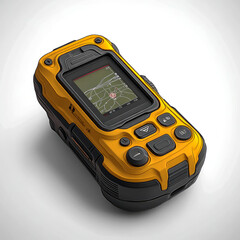 Yellow ruggedized handheld GPS device with map display.