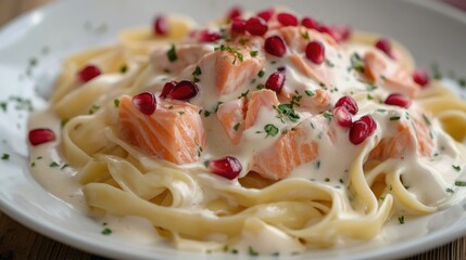 Creamy tagliatelle pasta with salmon and pomegranate seeds garnished with herbs in selective focus culinary dish presentation
