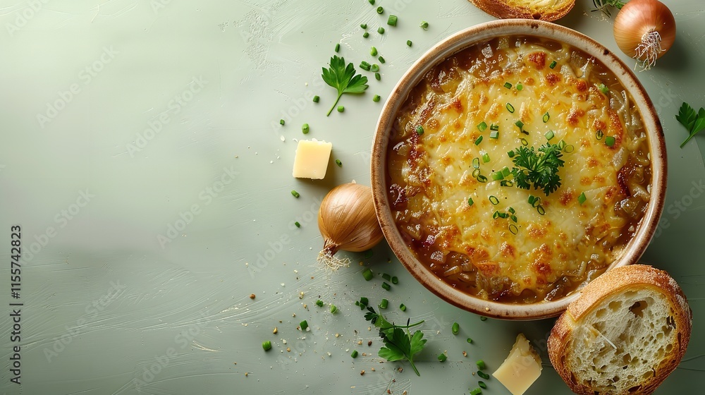 Poster a close shot of of onion soup with bread and cheese from above and up close, set against a pale gree