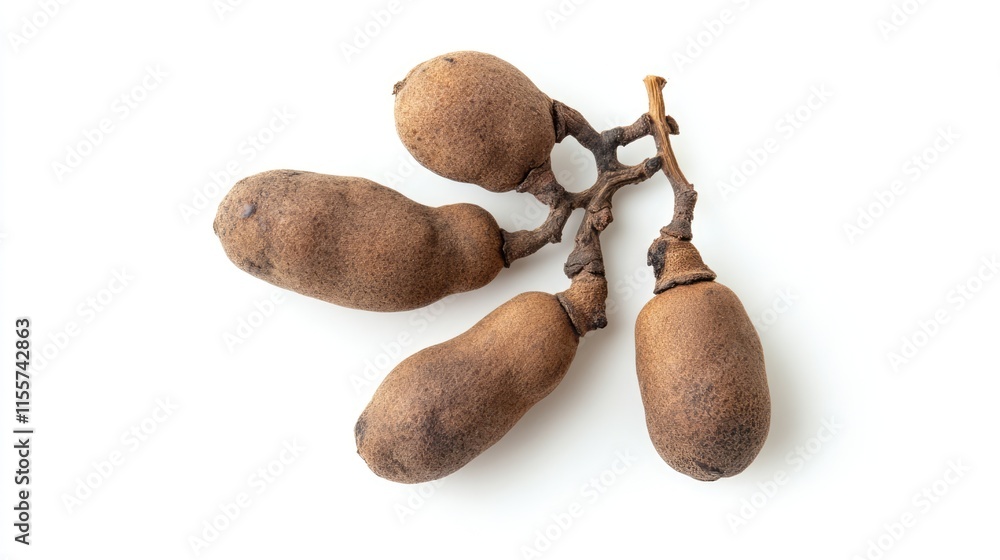 Poster tamarind fruit cluster on a white background showcasing its unique shape and texture for culinary or