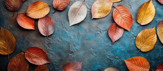 Thanksgiving celebration autumn leaves scattered on textured background for seasonal decorations and fall themes
