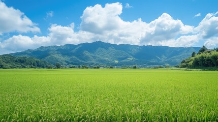 Fototapeta premium Lush green rice fields with vibrant mountains and a clear blue sky creating a picturesque rural landscape in a serene valley setting.