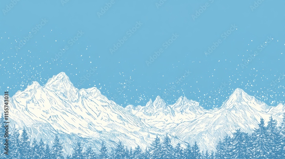 Aufkleber Winter landscape featuring snowy mountains and pine trees in a minimalist doodle design with ample copy space. Generative AI
