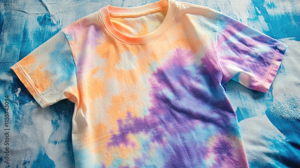 Poster reverse side of a colorful tie dye t-shirt displayed on a flat lay background showcasing vibrant fab