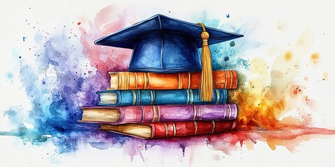 Colorful graduation cap on stacked books representing academic achievement and success