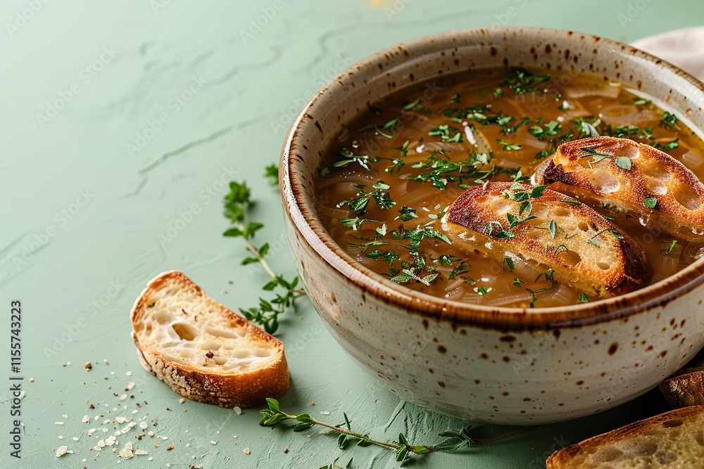 Poster a close shot of of onion soup with bread and cheese from above and up close, set against a pale gree