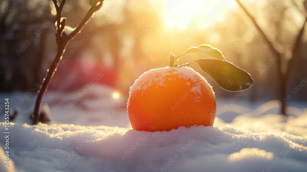 Poster tangerine resting on snow-covered ground with sunlight filtering through trees creating a serene win