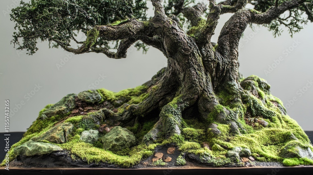 Poster textured tree bark adorned with lush green moss creating a serene and natural atmosphere in a botani
