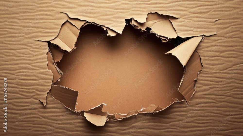 Poster torn brown cardboard box texture with empty space in center for recycling or creative design backgro