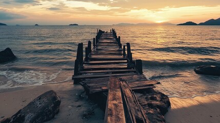 Wooden jetty remnants on serene beach at sunset with gentle waves and distant islands creating a tranquil coastal atmosphere
