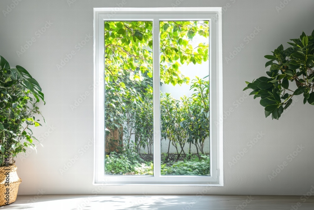 Poster bright garden view framed by a sleek window with greenery and a tranquil atmosphere outside. generat