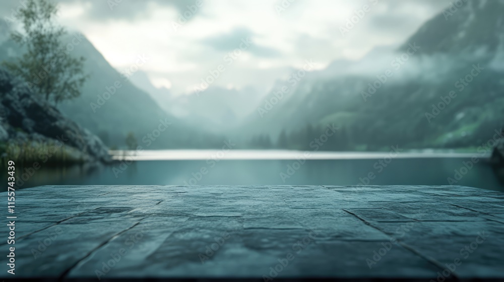 Aufkleber serene lake view with blurred mountain background and tabletop surface for display or presentation u