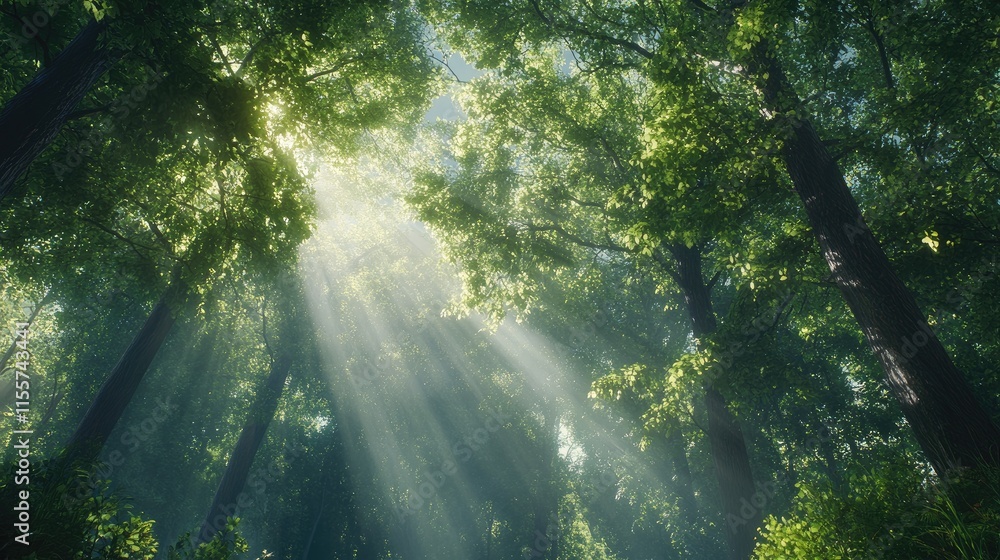 Poster sunlight filtering through tall trees with lush green leaves creating a serene forest atmosphere fro