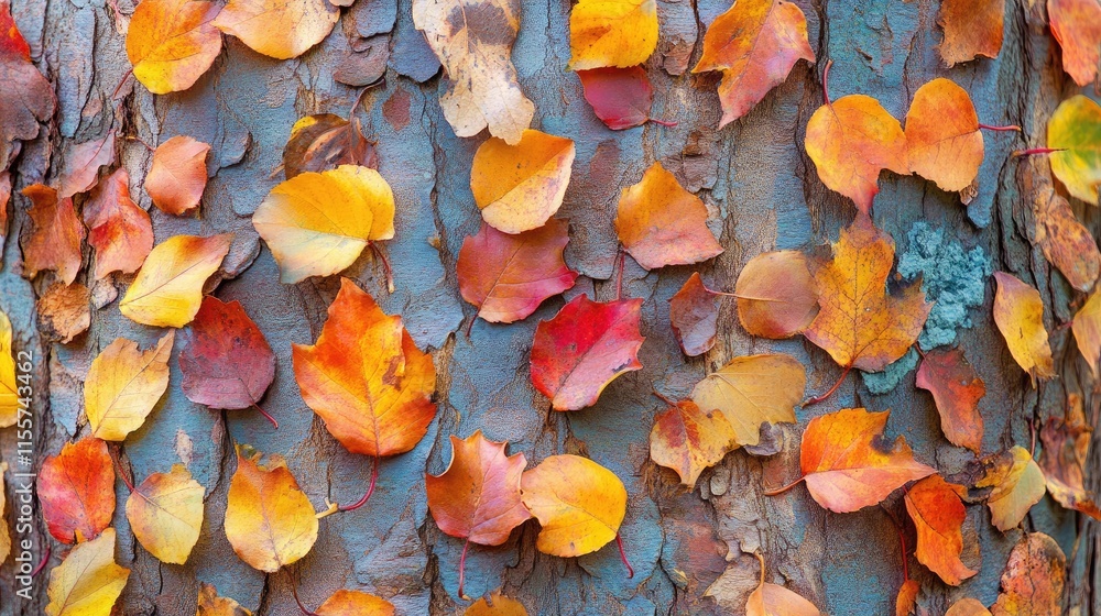 Poster bright autumn leaves clinging to a textured tree bark creating a vibrant natural pattern in a serene