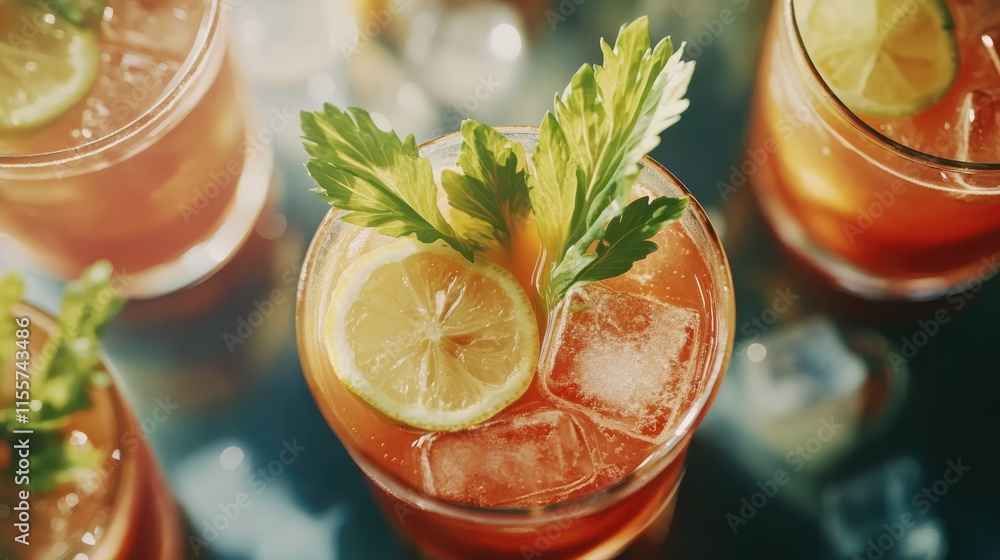 Poster refreshing cocktail with lemon and celery garnished with ice cubes captured from above, perfect for 