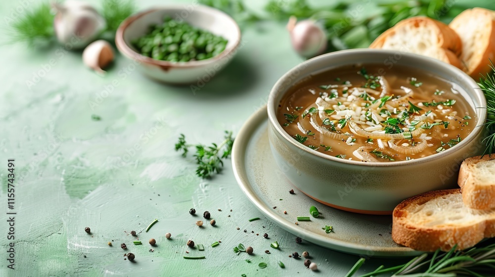 Poster a close shot of of onion soup with bread and cheese from above and up close, set against a pale gree