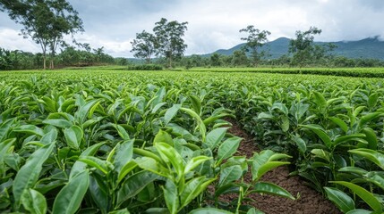 Lush green tea plantations with rolling hills and cloudy sky in a serene agricultural landscape.