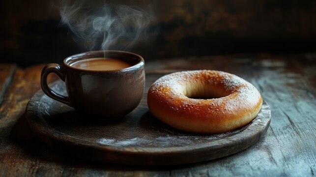 Steaming coffee cup beside a freshly baked bagel on a rustic wooden board inviting a cozy breakfast moment