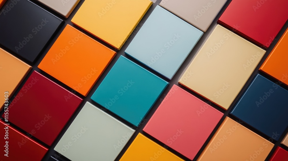 Poster colorful tablets arranged in a geometric pattern on a neutral background creating a vibrant and arti