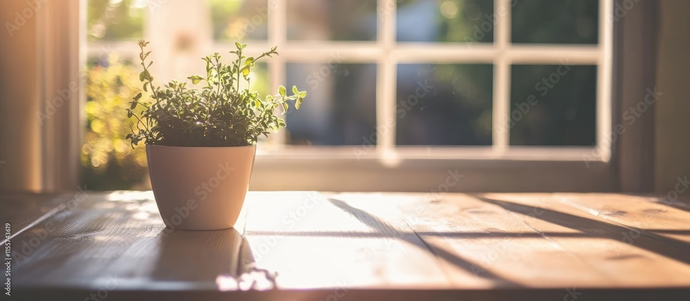 Poster soft focus table surface with blurred window view and potted plant ideal for product display and cre