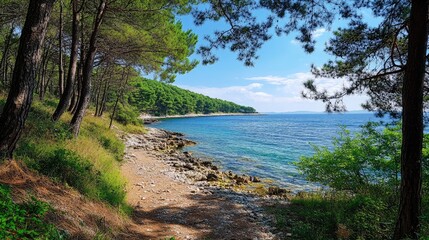 Serene forested coastline with tranquil blue waters inviting peaceful nature walks and exploration in a picturesque natural setting