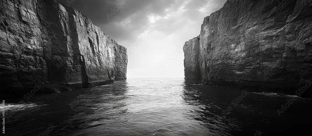 Poster serene ocean view nestled between towering cliffs under a moody sky in black and white tones