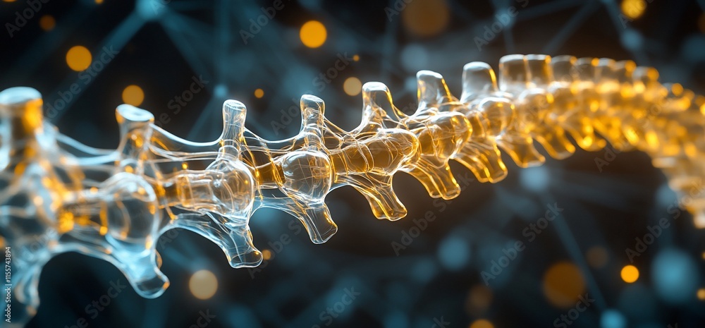 Poster abstract representation of a human spine with glowing elements.