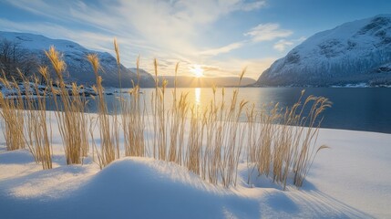 Golden grass swaying by a serene fjord under the warm winter sun with snow-covered mountains in the background at sunset