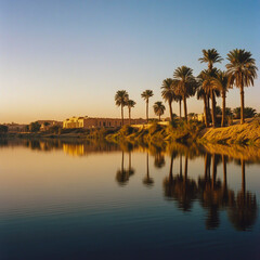 Obraz premium A photograph of water and palm trees reflecting in calm waters, a desert landscape of the Golden Age,