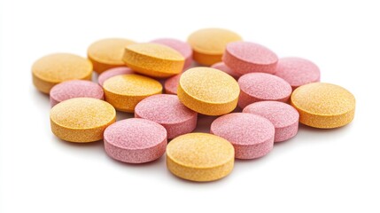 Obraz premium Colorful tablets in yellow and pink scattered on a clean white background for pharmaceutical or wellness themed designs.