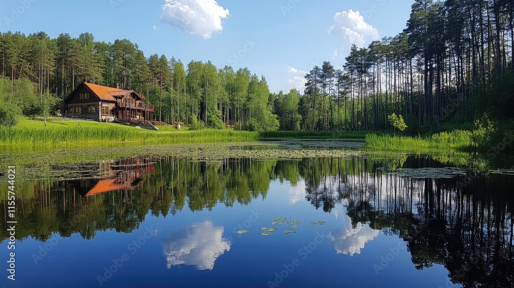 Poster scenic reflection of a pond surrounded by lush greenery and a rustic log cabin in nature park settin