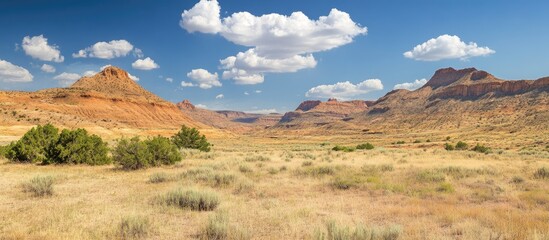 Naklejka premium Majestic desert landscape with vibrant rock formations and clear blue skies showcasing the beauty of nature and its diverse terrains.