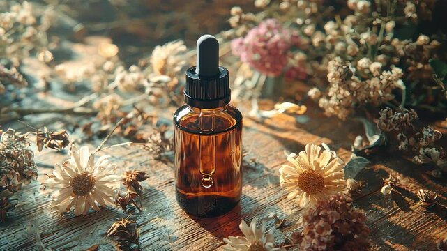 jar of essential oil on wooden table. Selective focus