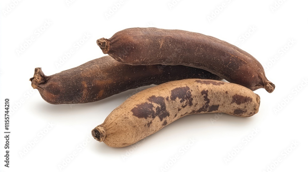 Poster tamarind pods displayed on a clean white background showcasing their unique texture and natural colo