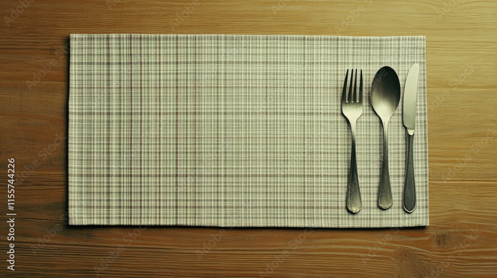 Poster Table setting with fork and spoon on checked tablecloth against a rustic wooden background