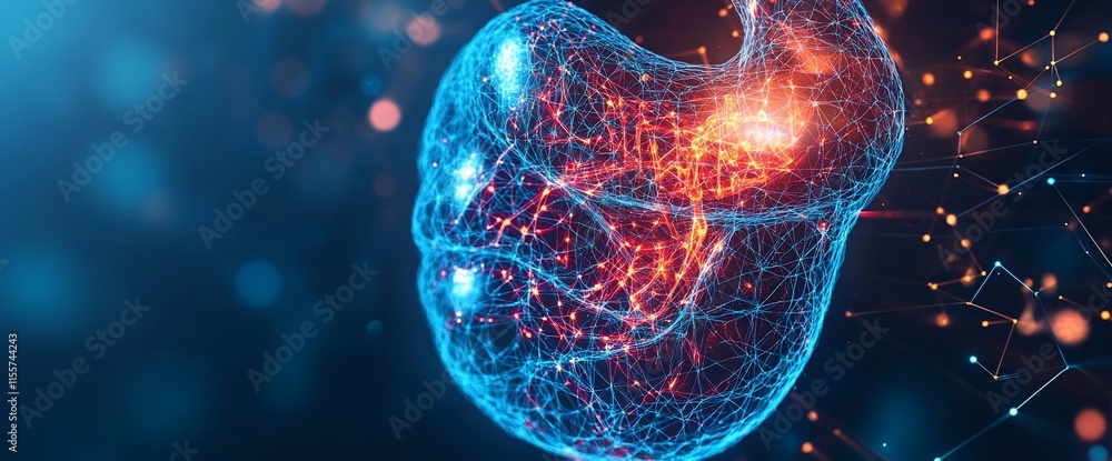 Poster abstract visualization of a stomach with glowing connections and particles.