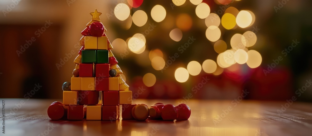 Poster colorful christmas toy blocks arranged as a tree on a table with a blurred festive background ideal 