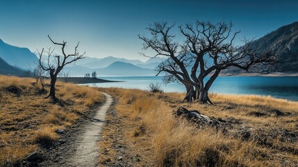 Fototapeta premium Footpath with dry trees leading to serene lake and island surrounded by mountains under a clear blue sky