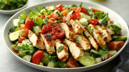 Grilled chicken tacos served with a fresh vegetable salad featuring tomatoes, cucumbers, and herbs in a vibrant bowl.