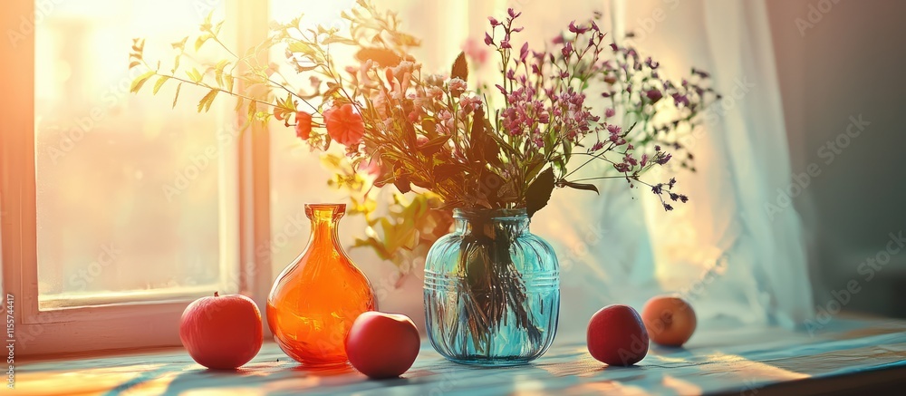 Poster tabletop arrangement with colorful flowers and fruits against a softly blurred background creating a