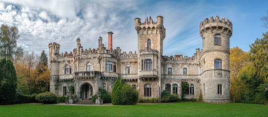 Fototapeta premium Historic castle with gothic architecture surrounded by greenery under a dramatic sky showcasing timeless elegance and grandeur