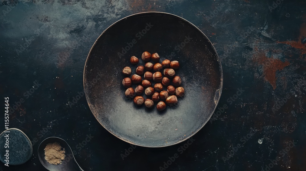 Poster rustic table top view of a bowl filled with fresh hazelnuts on dark textured surface