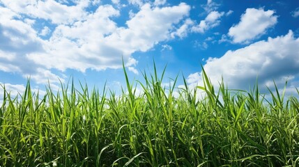 Fototapeta premium Lush green grass landscape under a vibrant blue sky with fluffy clouds for nature scenery and outdoor themes
