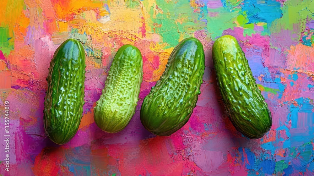 Poster fresh organic gherkin cucumbers arranged on a colorful abstract background showcasing vibrant artist