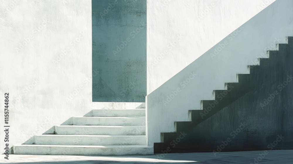 Poster abstract architectural composition of white stairs casting shadows in a minimalist setting highlight