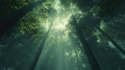 Fototapeta premium Majestic tall trees with vibrant green leaves illuminated by sunlight creating a serene forest atmosphere from a bottom view perspective